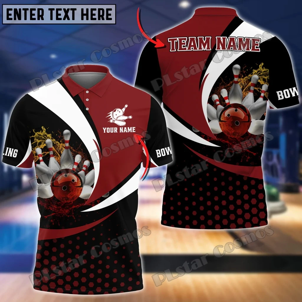 Red Bowling And Pins Break Pattern Customized Name 3D Printed Men's Polo Shirt Summer Street Unisex Casual Polo shirt WK109