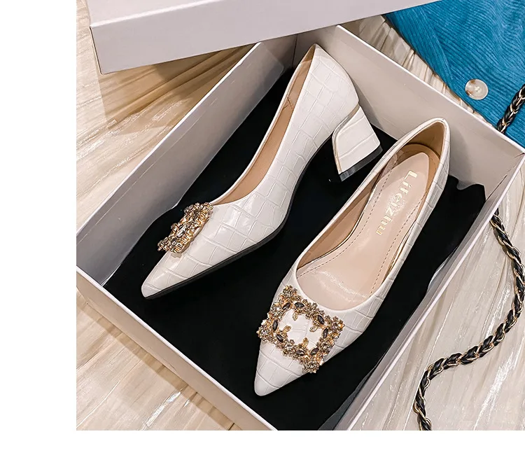 Plus Size Shoes for Women Chunky Heels Pumps New Girl Pointed Toe High Heels Shoes Rhinestone Dress Shoes