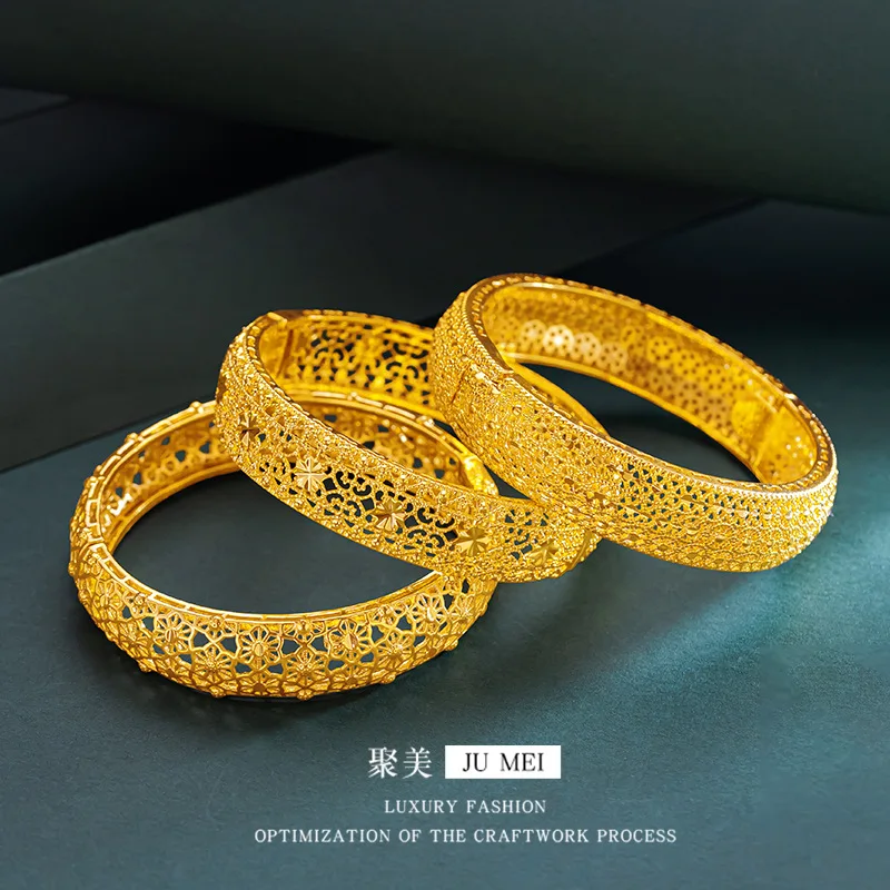 Luxury 24K 9999 Pure Gold real gold Snap-on openwork flower bracelet