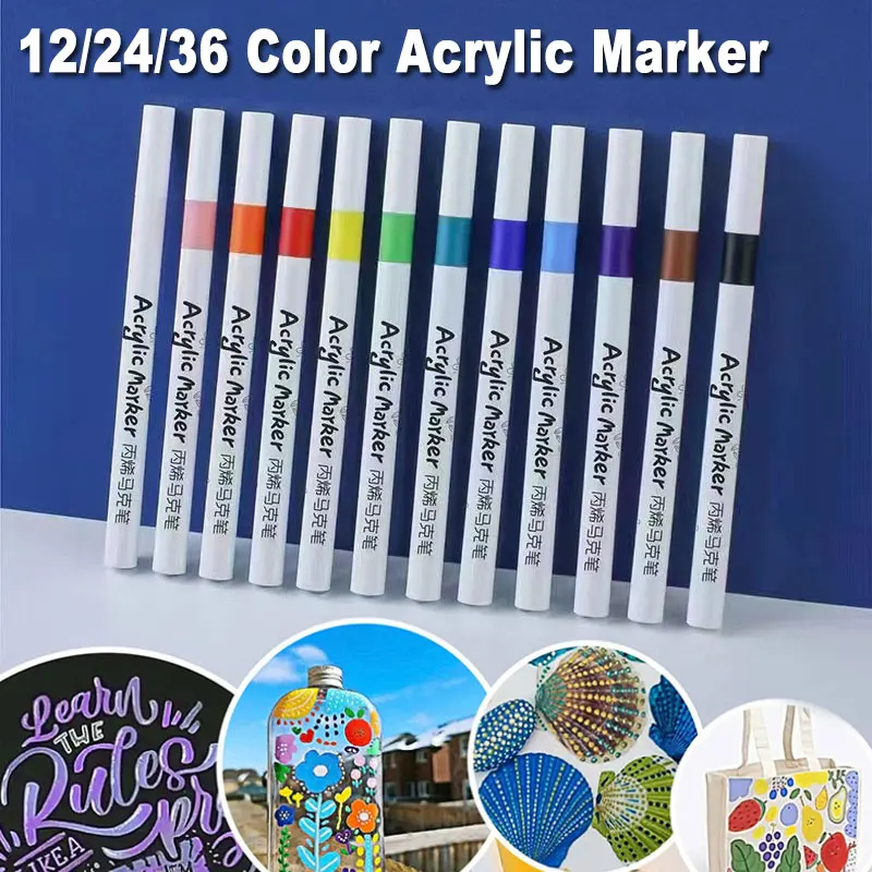 Pintura Acrílica Art Marker Pen Set, DIY Graffiti Desenho para Cartão, Cerâmica Rocha Pedra Caneca, Tecido de vidro Roupas e Madeira, 12 Cores, 24