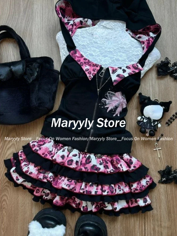 2024 New Gothic Vintage Hot Girls 2 Piece Sets Women Sexy Bow Hooded Halter Tops + Y2k Mini Cake Skirt Harakuju Retro Outfits