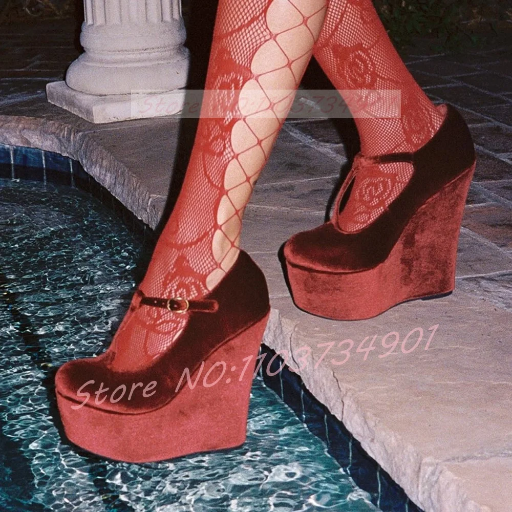 

T-strap Platform Wedge Pumps Women Elegant Wine Velvet Round Toe High Heels Shoes Ladies Fashion Party Summer Lolita Pumps