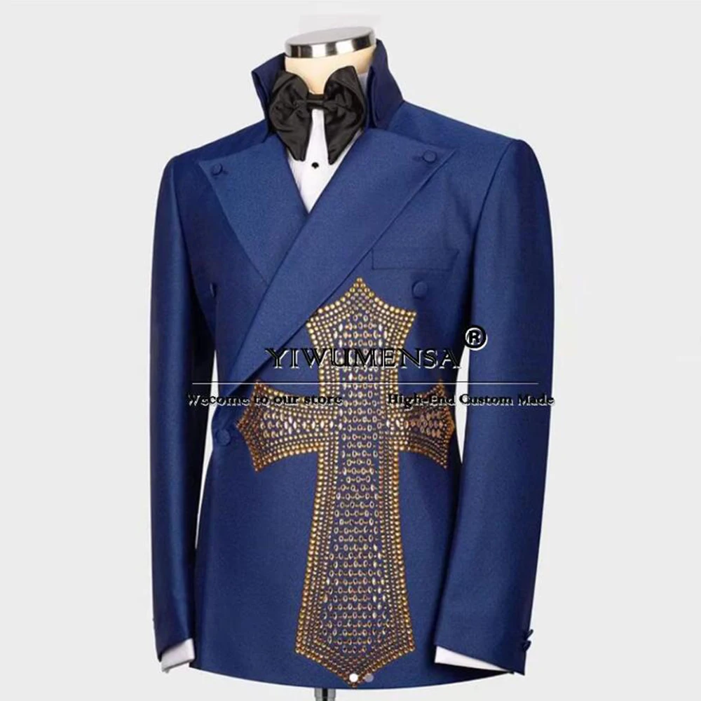 Exclusive Beaded Stones Suit Men For Wedding Double Breasted Jacket Pants 2 Piece Sets Groom Tuxedos Slim Fit Man Banquet Outfit