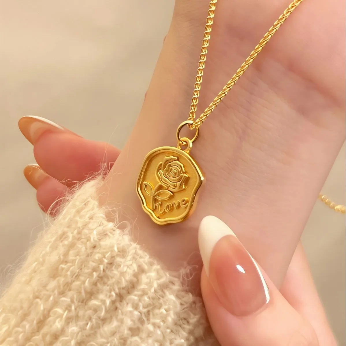

Luxury 24K 9999 Pure Gold real gold Women's Rose Pendant Wire-drawing Pendant Clavicle Chain