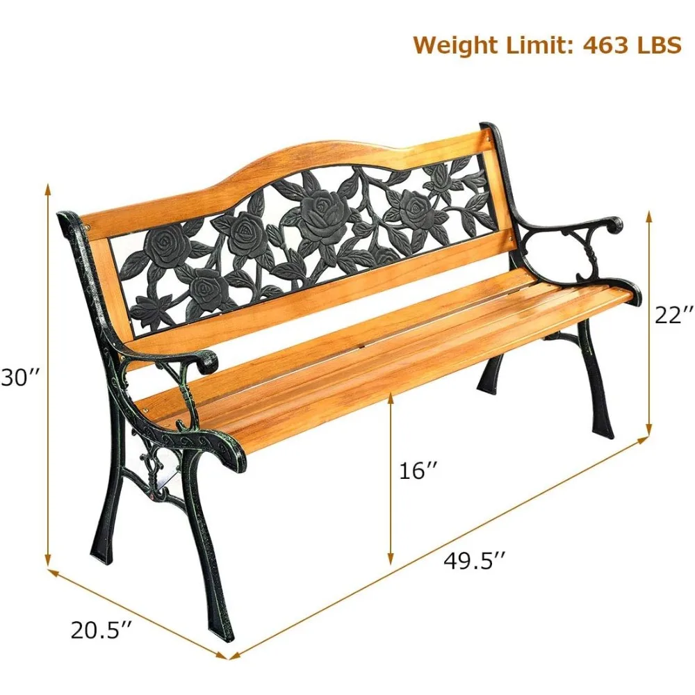 50 Inch Patio Bench, Outdoor Furniture Rose Cast Iron Hardwood Frame Porch Loveseat, Weather Proof Porch Path Chair for 2Person