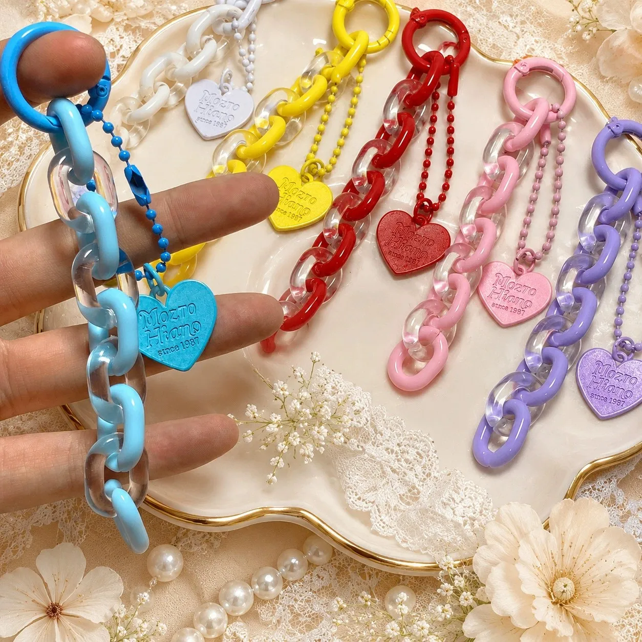 5/10/30pcs Candy Color Acrylic Chain Keychain with Heart Pendant for Backpack Bag Charms Phone Lanyard Decor DIY Accessories