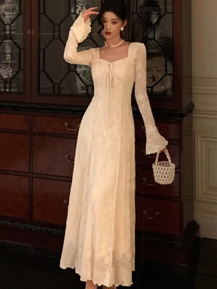 New Autumn Elegant Party Dresses For Women Vintage Solid A-Line Slim Lace Long Sleeve Vestidos Female Prom Robe Mujer Casual