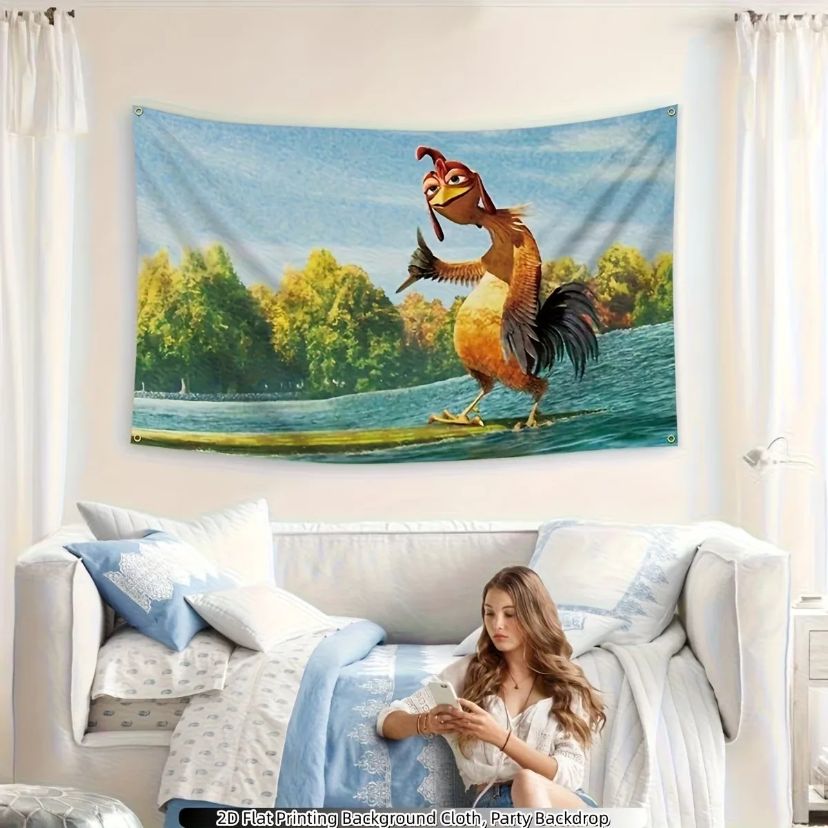VIKAMA Cartoon Surfing Chicken Tapestry Funny Animal Wall Hanging Nostalgic Movie Decor Kids Room Bedroom Aesthetic Home Art