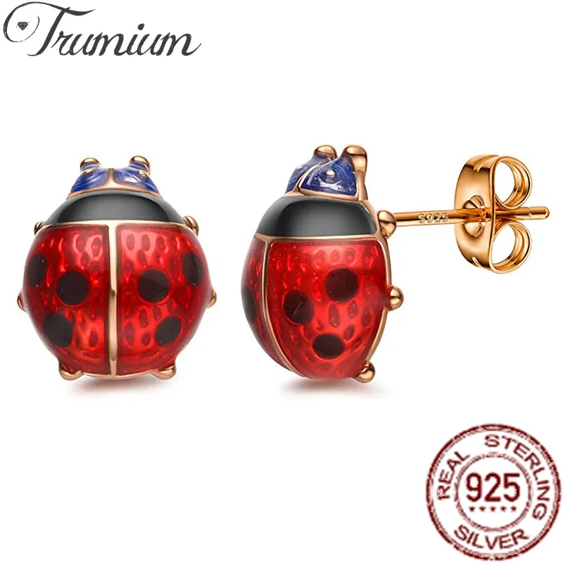 Trumium S925 Sterling Silver Seven-spotted Ladybug Stud Earrings Cute Novel Beetle Accessories Versatile Party Jewelry for Women