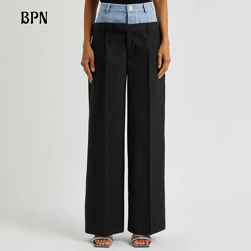 

BPN Casual Patchwork Denim Pants For Women High Waist Hit Color Minimalist Loose Wide Leg Trousers Female Fashion Clothing Style