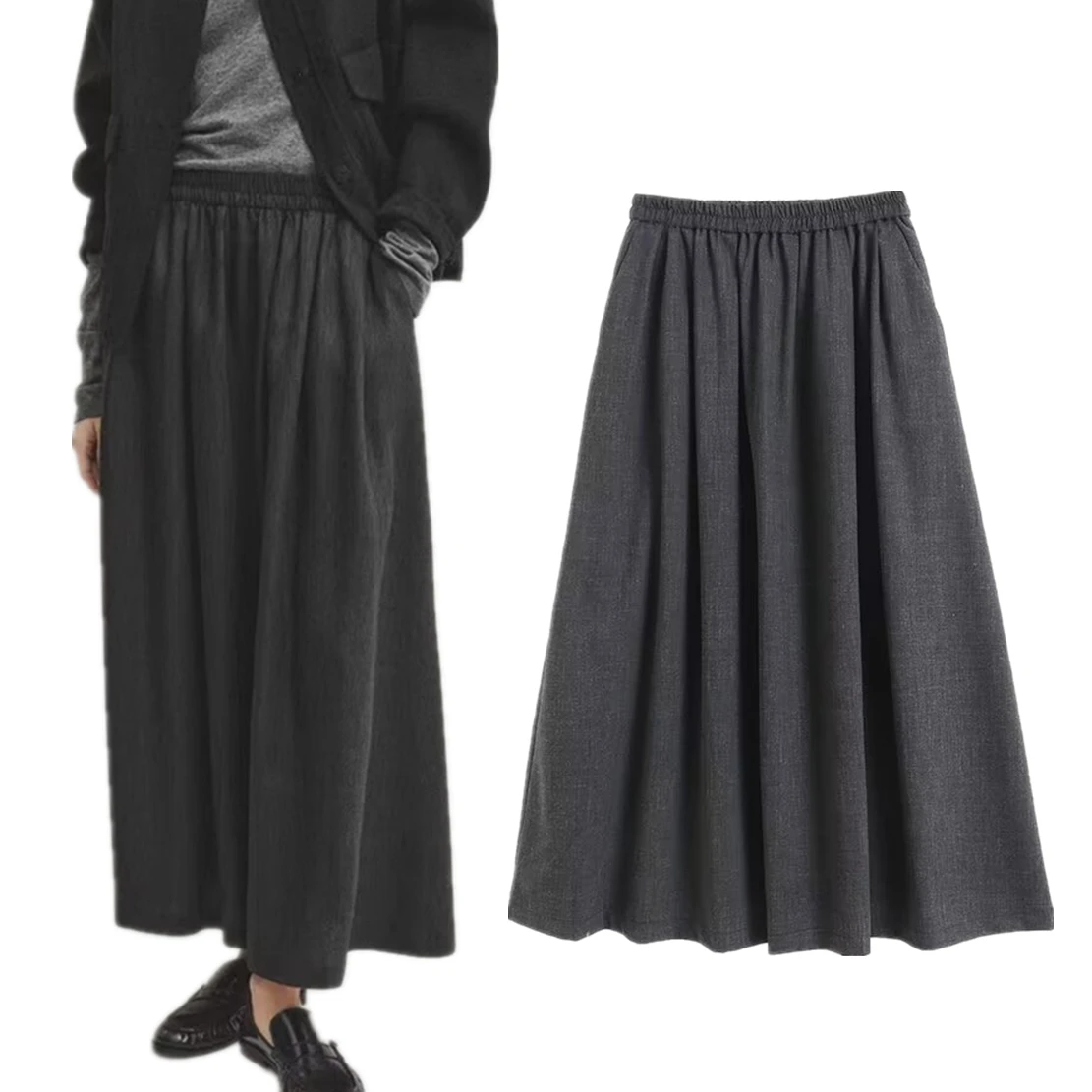 Withered 2024 Gray Pleated Loose Color Spring Fashion Skirts Womens A-line Miid Skirt Ladies