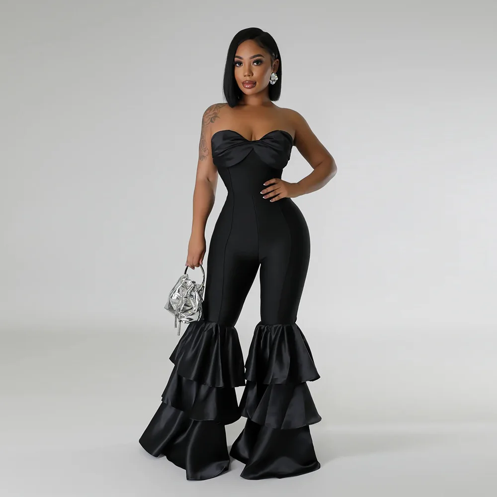 Women's Fashion Strapless Sweetheart Solid Color High Waist Double Layer Ruffle Flared Pants Slim Trendy Dating Casual Jumpsuit