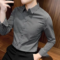 Camisas de celosía de negocios con botones de solapa para hombres, ropa de moda, Tops casuales de gran tamaño, camisa coreana suelta, Otoño, nuevo, 2023