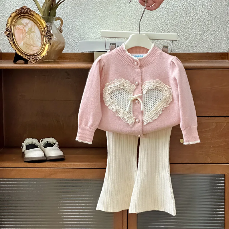 Girls' Suit2024Autumn New Sweet Western Style Pink Sweater Heart-Shaped Multi-Part Cardigan Children's Two-Piece Suit Trendy