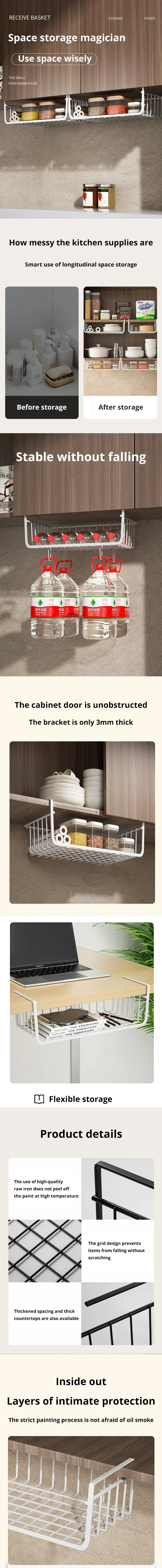 1pc Hängen Net Korb Eisen Material Große Kapazität Hängen Unter Schrank Wand Kleiderschrank Lagerung Korb Küche Werkzeuge – Detail 1