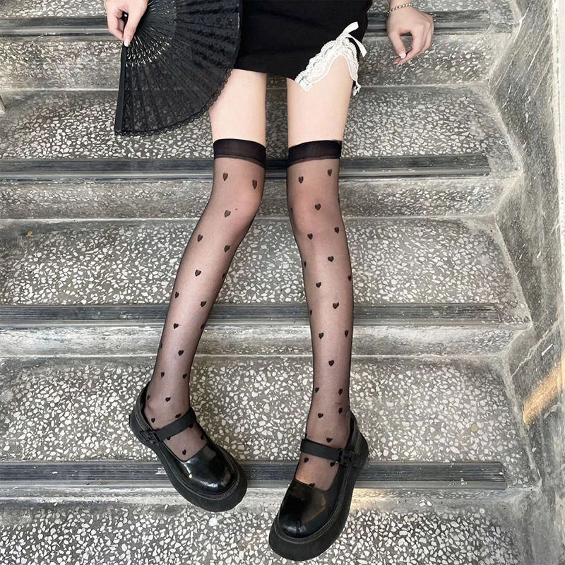 1Pair Love Heart Over Knee Socks,Trendy & Romantic, Women's Summer Ultra-thin Transparent Stockings