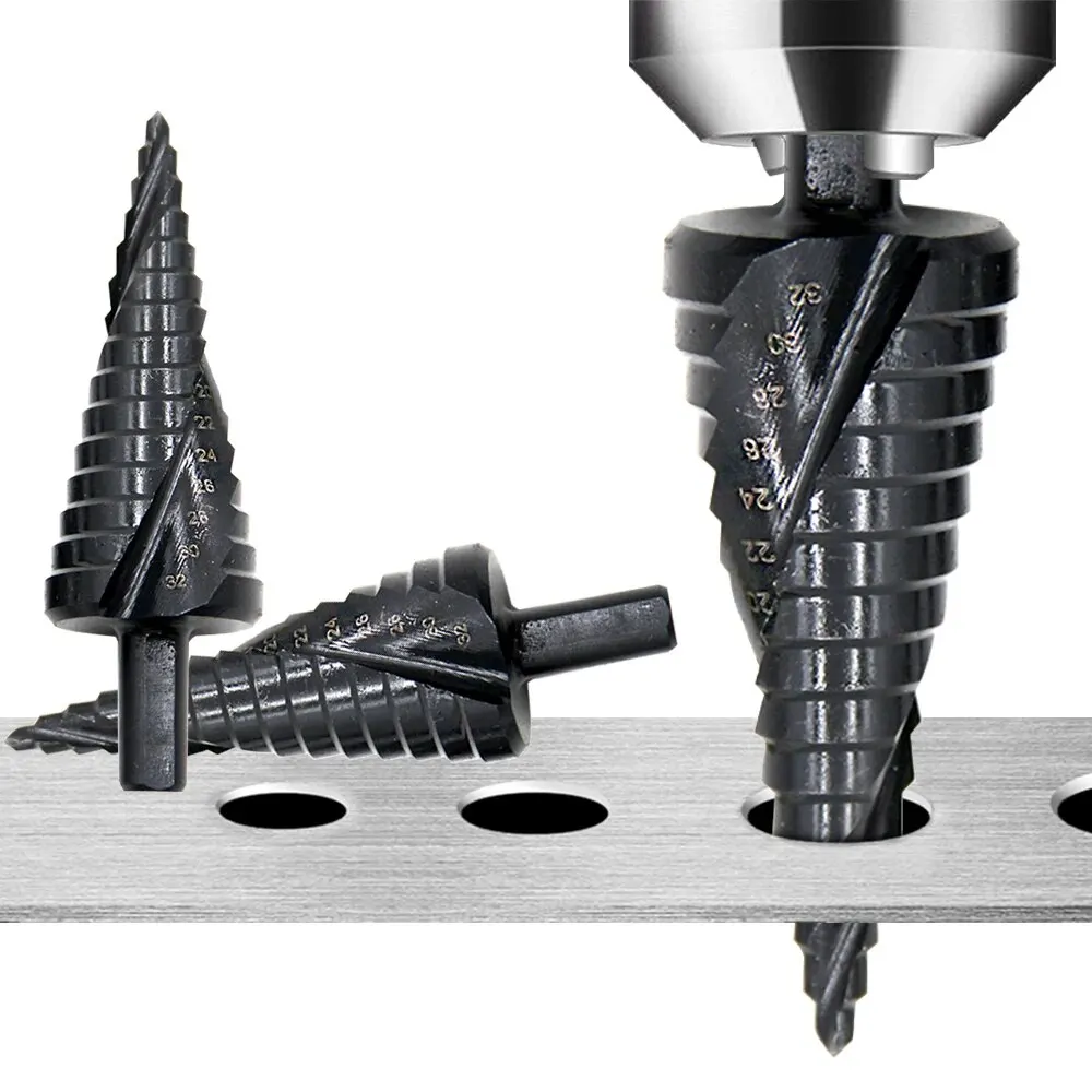 1PC High-speed Steel Nitrided Black Spiral Groove Triangular Handle Step Drill Metric 4-32mm Pagoda Drill Hole Opening Tool