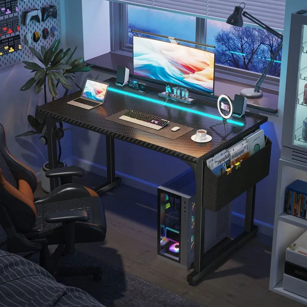 

Computer Desk With LED Lights 39.4 W Office Desk With Storage Bag For Small Space Headphone Hook