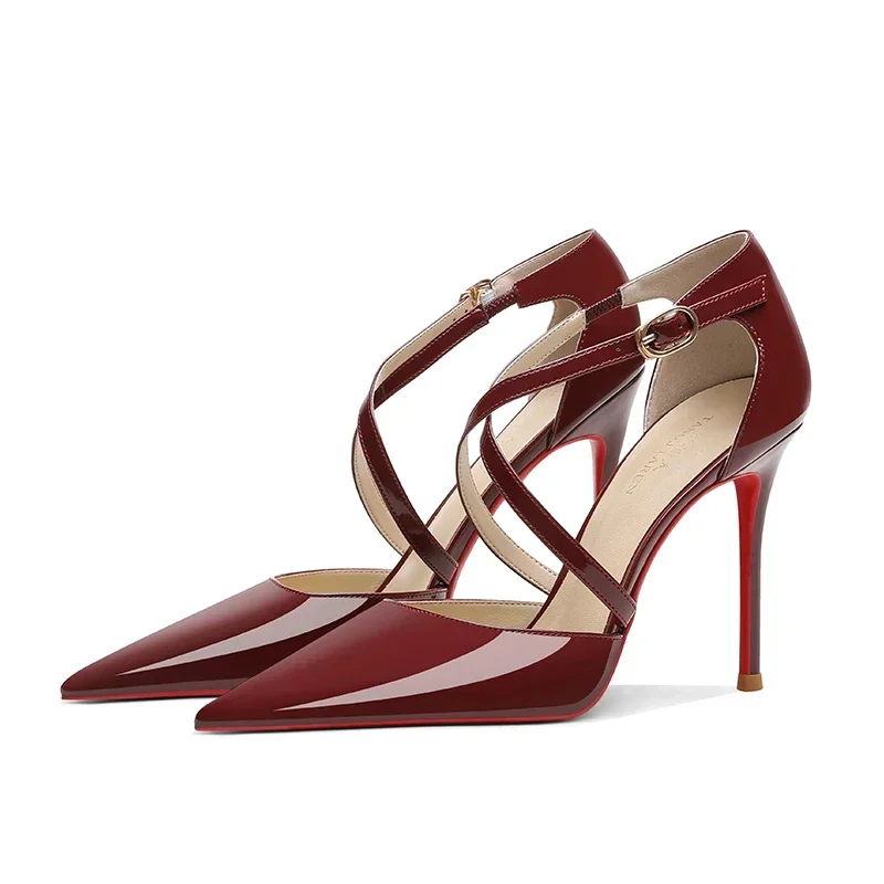 2024 Summer New Cross Strap High Heels, Women's Thin Heels, Red Bottom, One Line Buckle, Wine Red Headed Sandals