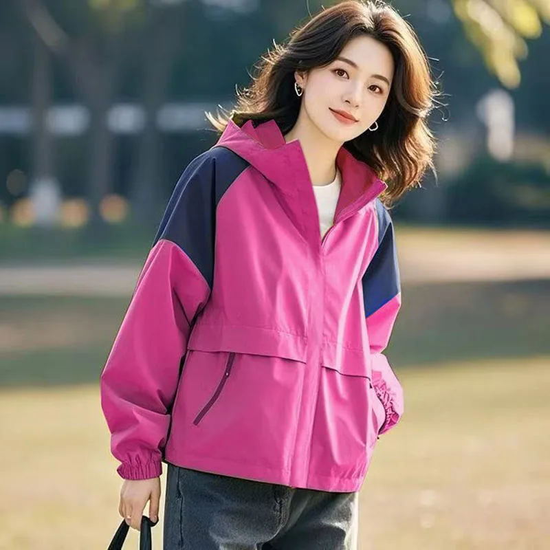 2026 New Women's Color Block Hooded Windbreaker Jacket Casual Short Outdoor Coat