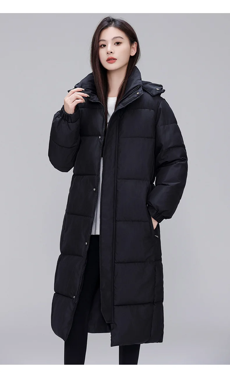 Winter Long Puffer Coat for Women Hooded Quilted Windproof Warm Zip Up Outerwear Russian Cold Weather Snow Jacket Over Knee Cozy
