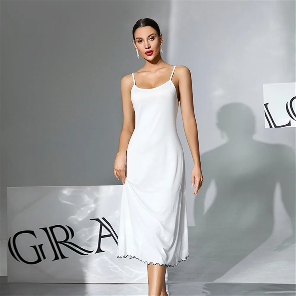 Solid Color Female Long Nightgown Sleepwear Sexy Suspender Nightdress Summer Satin Homewear Loungewear