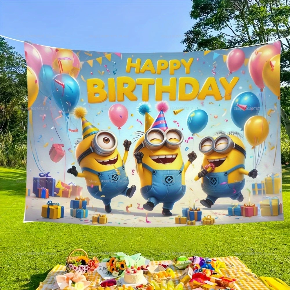 Minions Rainbow Balloon Happy Birthday Background Vinyl Photo Backdrop for Birthday Party Decoration Supplies Baby Shower Props