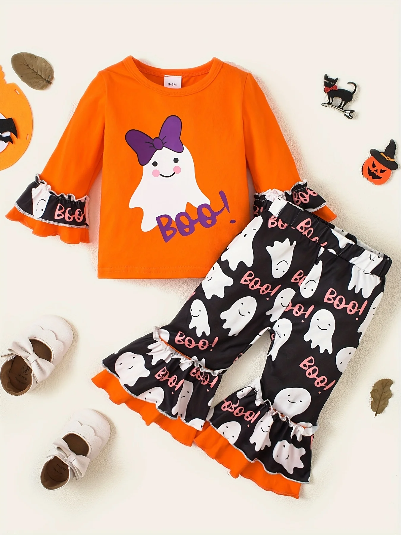 Baby Halloween Süßes Print-Set mit ausgestellten Ärmeln & ausgestellter Hose, 2-teiliges Set, Kleinkind-Party-Outfit mit langen Ärmeln – Detail 1