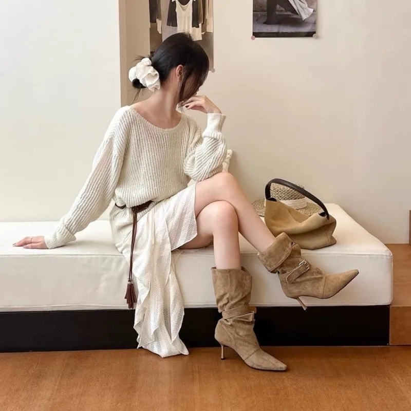 Designer Pointed Toe Belt Buckle Ankle Boots with Mid-calf Length, 2026 Autumn-winter New Style, Suede Upper, Small High Heels 9