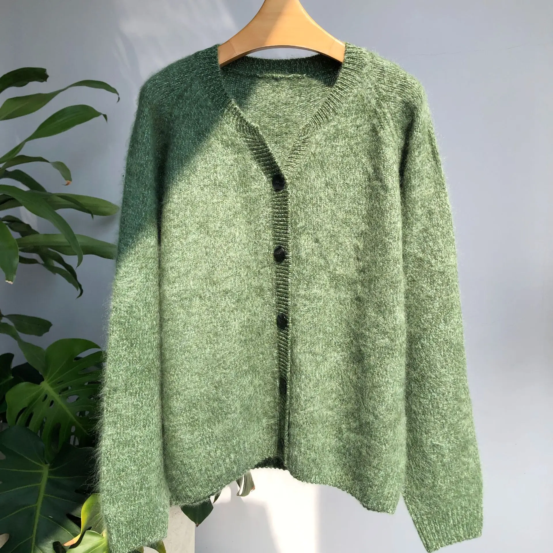 

Women's Green V-neck Cardigan Brushed Winter Warm Clothes Ladies Elegant Tops