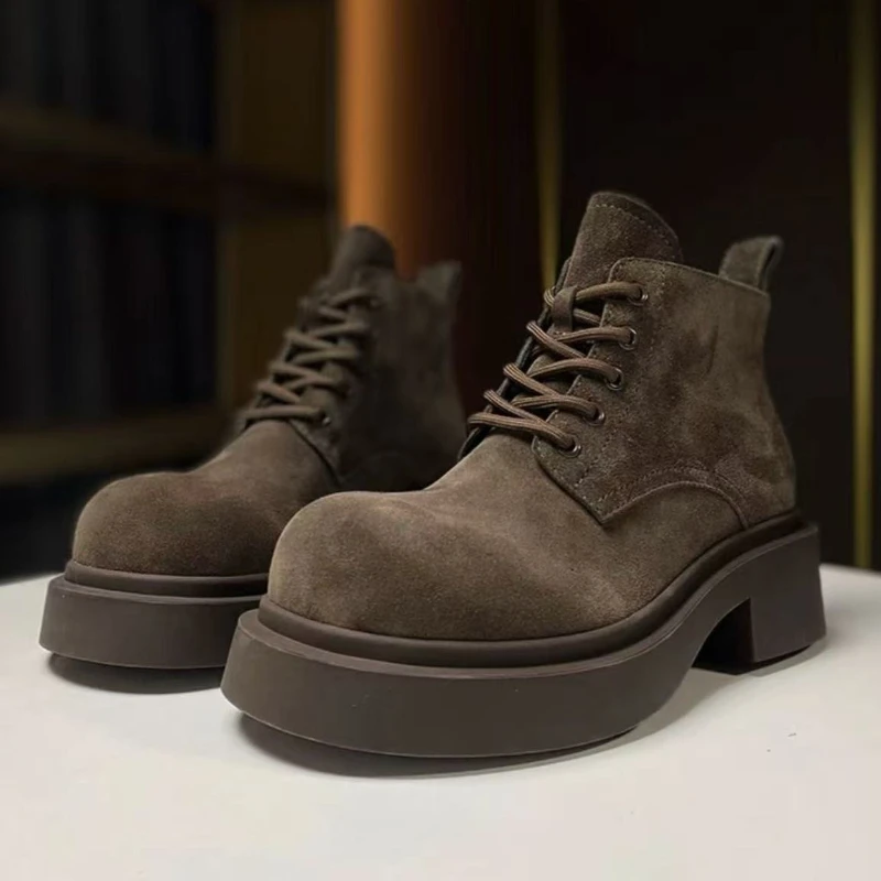 High Quality Faux Suede Ankle Boots Women Street Style Round Toe Lace-Up Platform Boots for Ladies Comfortable Western Boots