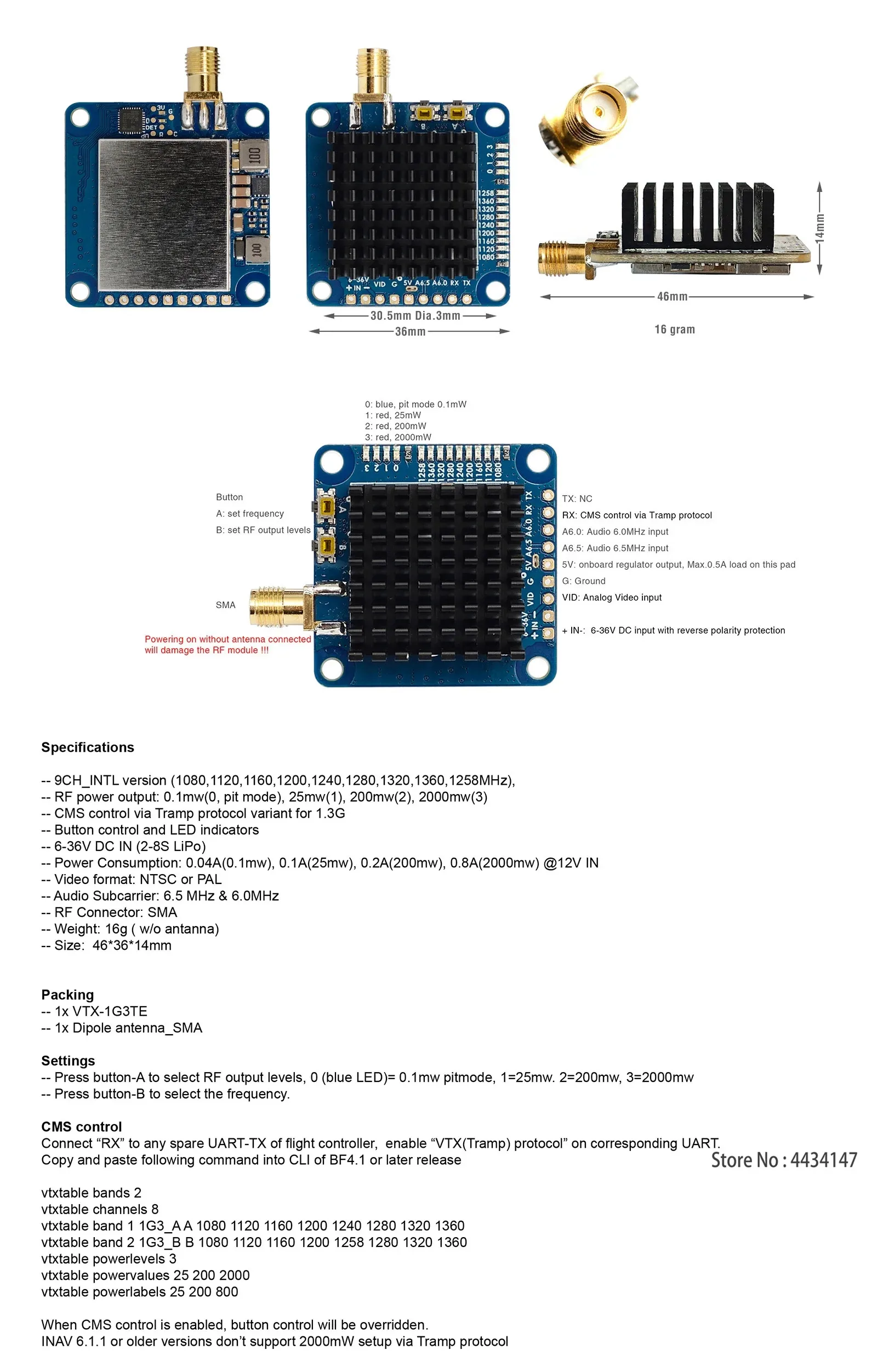 Video Transmitter 2W VTX-1G3TE 1.2GHz 1.3GHz 2000mW 9CH With Tramp VTX control For FPV Long Range Drones