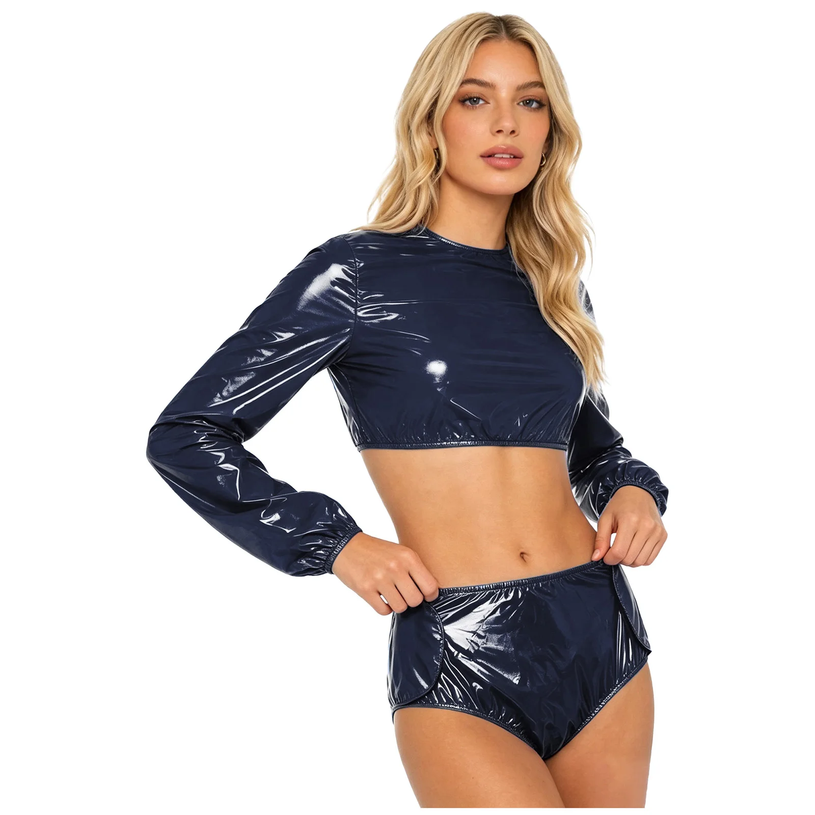 Womens Waterproof Vinyl Swimsuit Two Pieces Bikini Cover Up Swimwear Adaptive Wear Crop Top And Diaper Cover Shorts Sweat Outfit