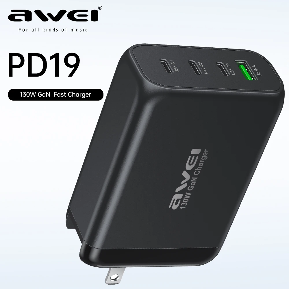 

Awei PD19 130W GaN Charger 4 Ports PD3.1 Fast Charger Type C GAN 100W chargers USB A 30W With UK EU Plug for iPhone Samsung iPad