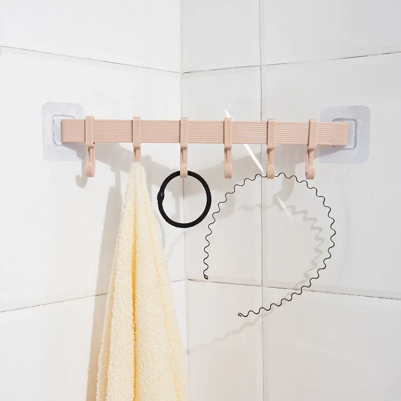 

Bathroom Towel Rack Paste Hole Free Kitchen Single Pole Dishcloth Hanger Bathroom Thickened Towel Pole 6 Hooks Bathroom Storage