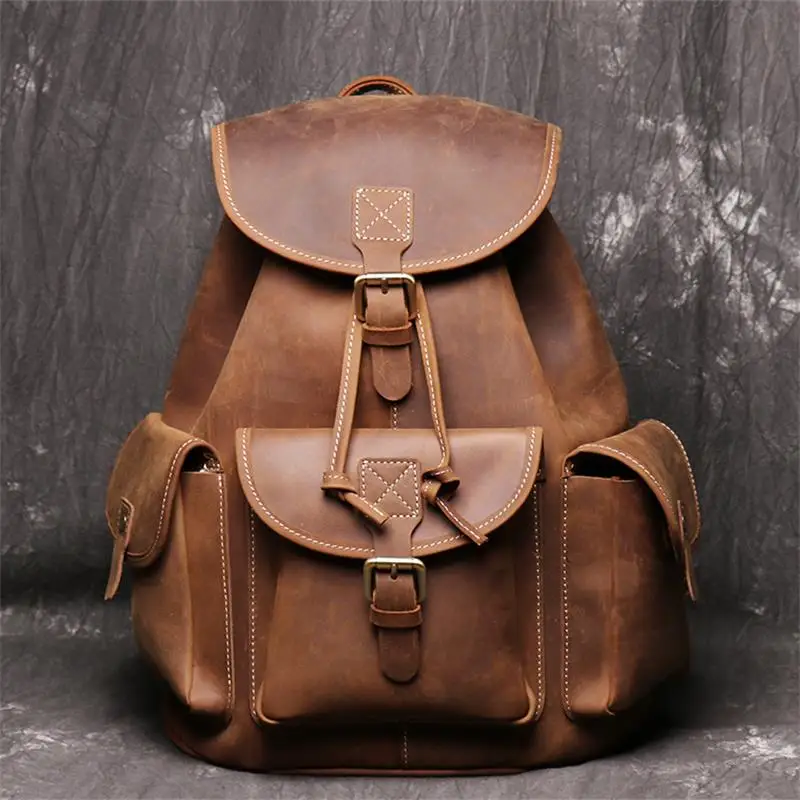 Men's Women's  Crazy Horse Leather Backpacks Vintage Genuine Leather Laptop Men Women Unisex Bapacks Cow Leather School Bag