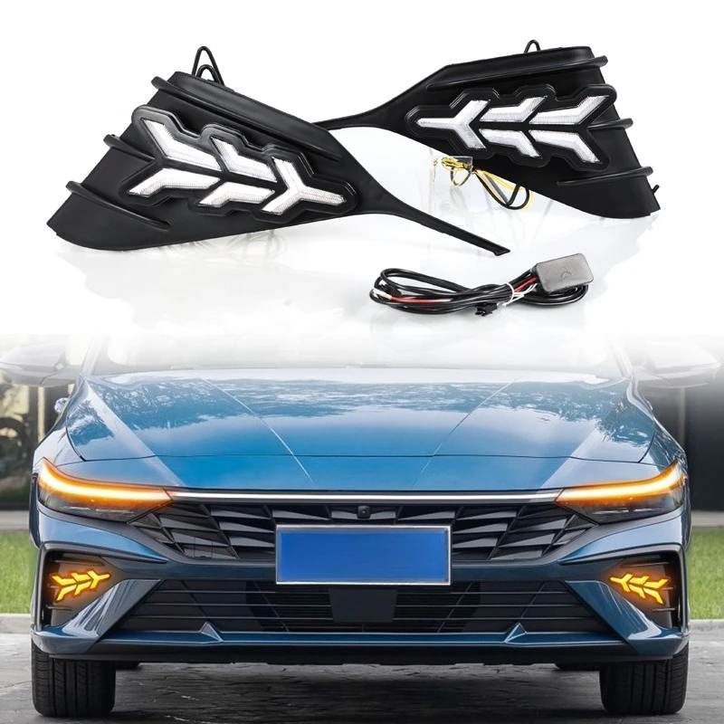 For Hyundai Elantra / Avante 2023 2024 2025 Car Led Daytime Running Light Upgrade Anti-Fog Lights DRL Yellow Dynamic Turn Signal