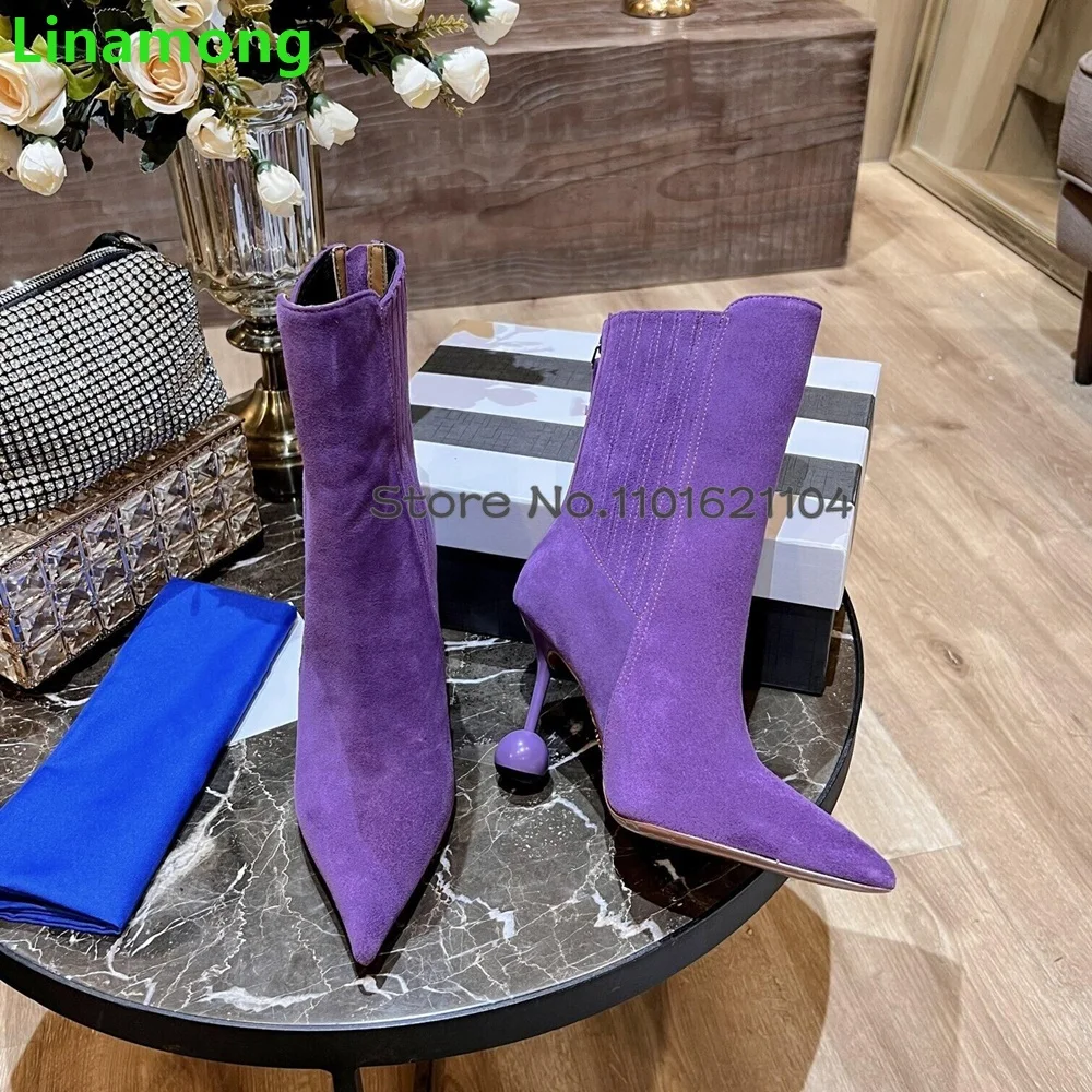 Pointed Toe Strange Ball Heel Boots For Female Women 2024 Winter New Ankle High Frosted Leather Back Zip Solid Elegant Shoes image 3