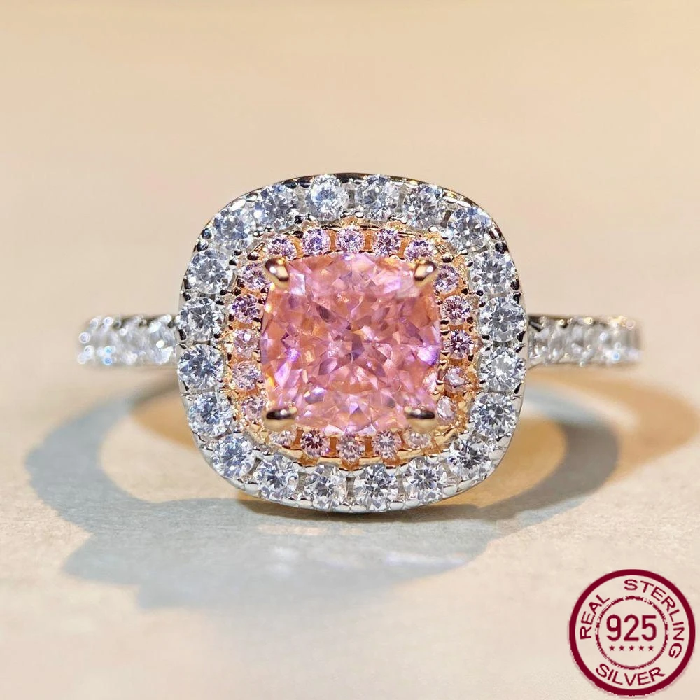 925 Silver Ring Female Shake Tone Explosive Pink Diamond Ring Luxury Full Diamond Square Bag Pink Ice Flower Wedding Jewelry