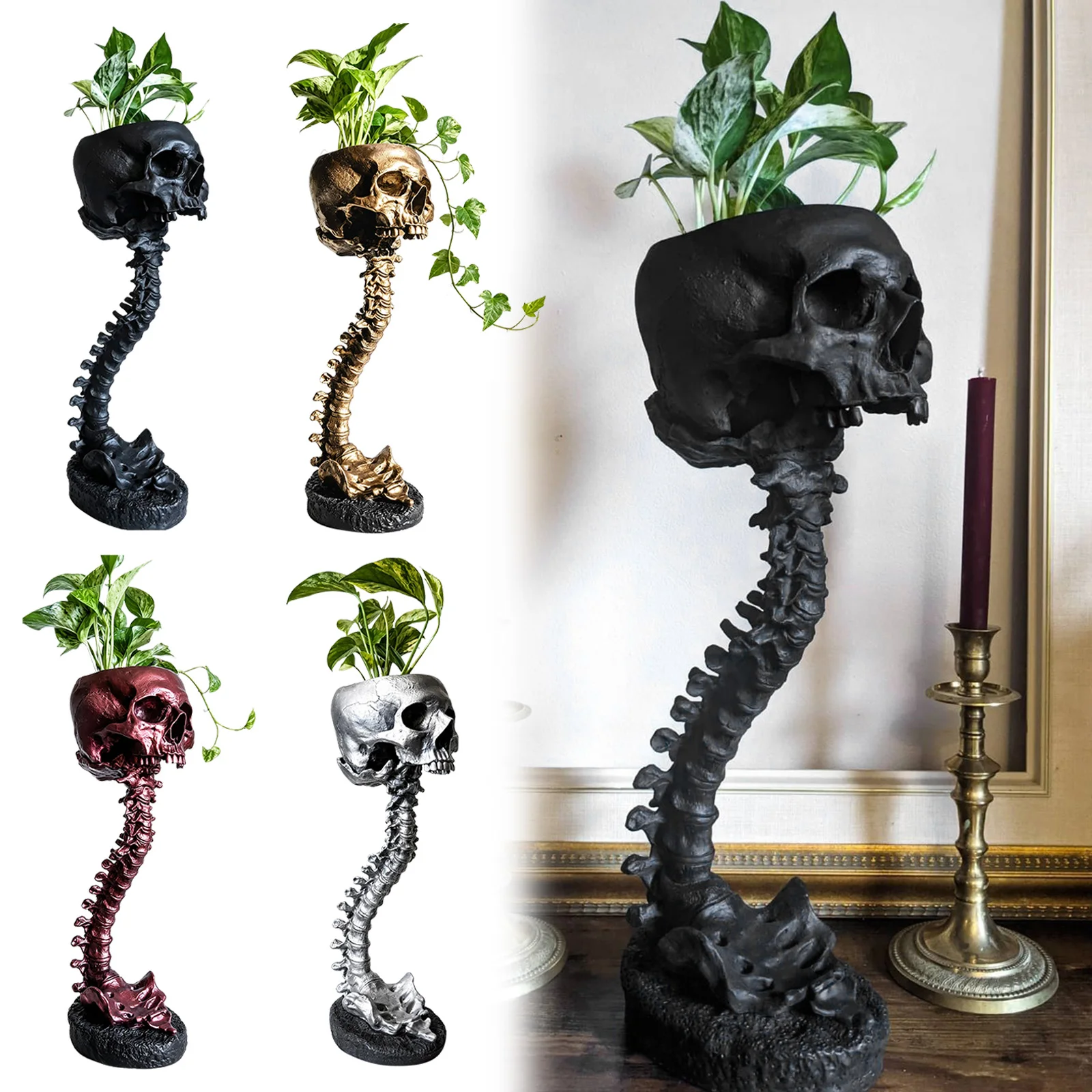 Gothic Skull Planter Resin Spine Stand Set Succulent Pot Halloween Decoration Sculpture Art