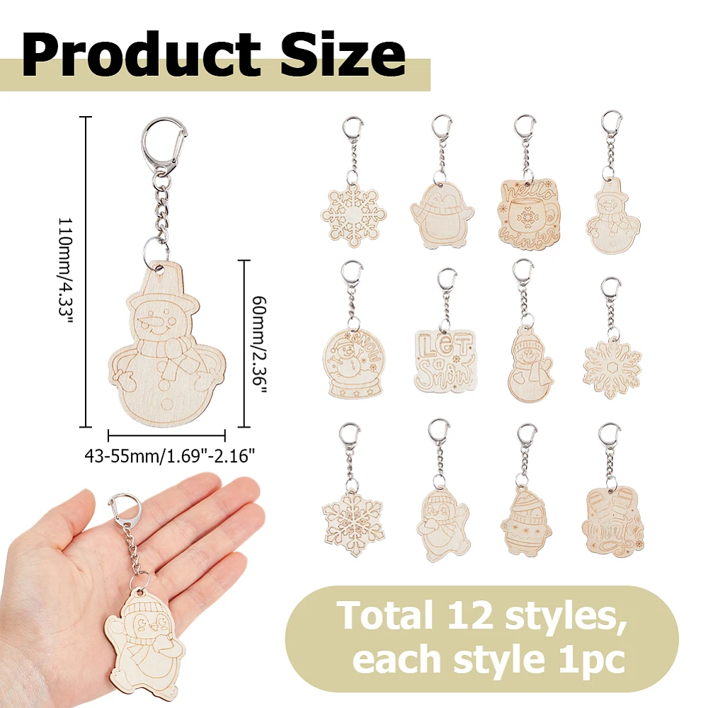 24Pcs Color Your Own Keychains 12 Styles Wood Coloring Craft Keychain Winter Snowflakes Snowman Crafts Wooden Blank Keychains