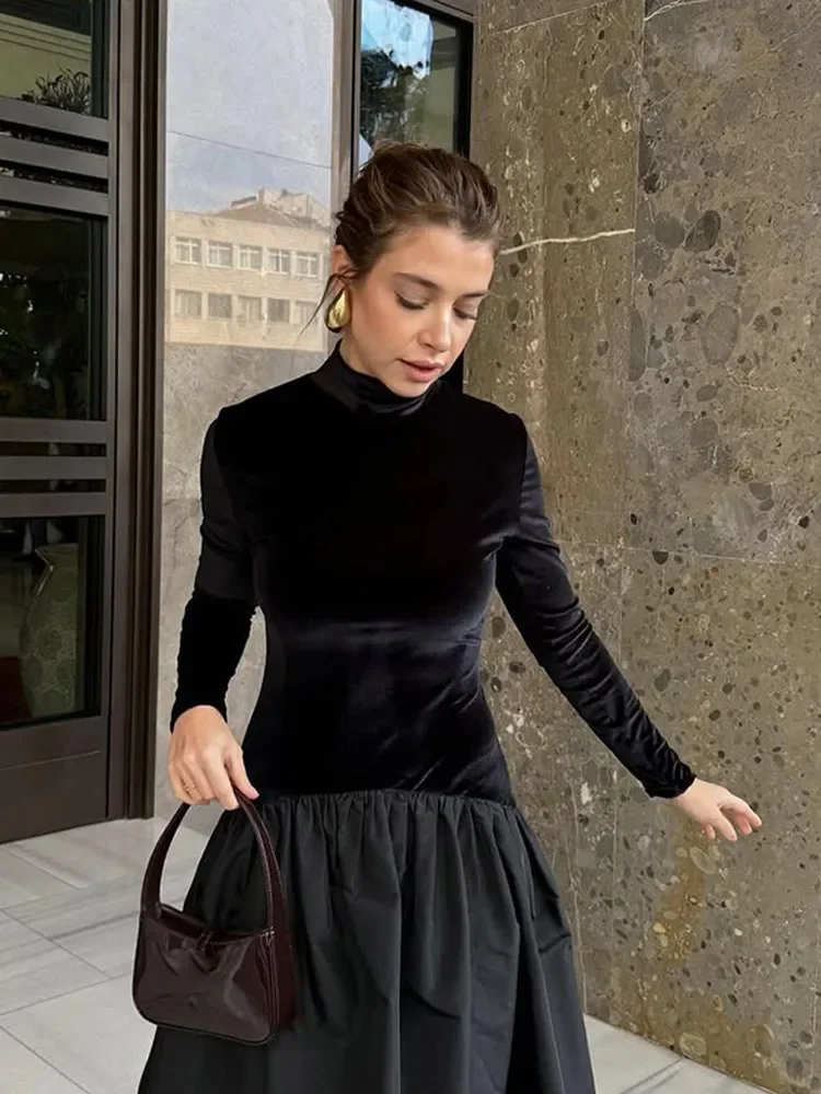 Abito da donna elegante con giunture in velluto nero Versatile collo semi-alto Abiti slim a maniche lunghe Abiti da pendolarismo da donna alla moda