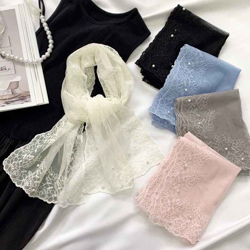 

Новый кружевной шелковый шарф с бисером, женский весенне-осенний тонкий платок, внешний декоративный шарф, пряжа, универсальный прилив