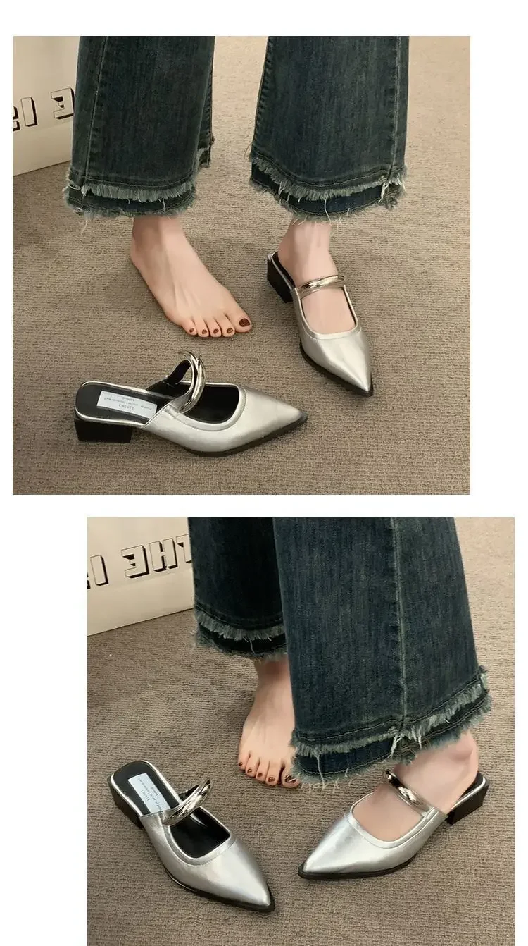 2026 Neue Damen-Cover-Toe-Mules mit Metallverzierung, dicker Absatz, bequeme Street-Style-Slipper – Detail 8