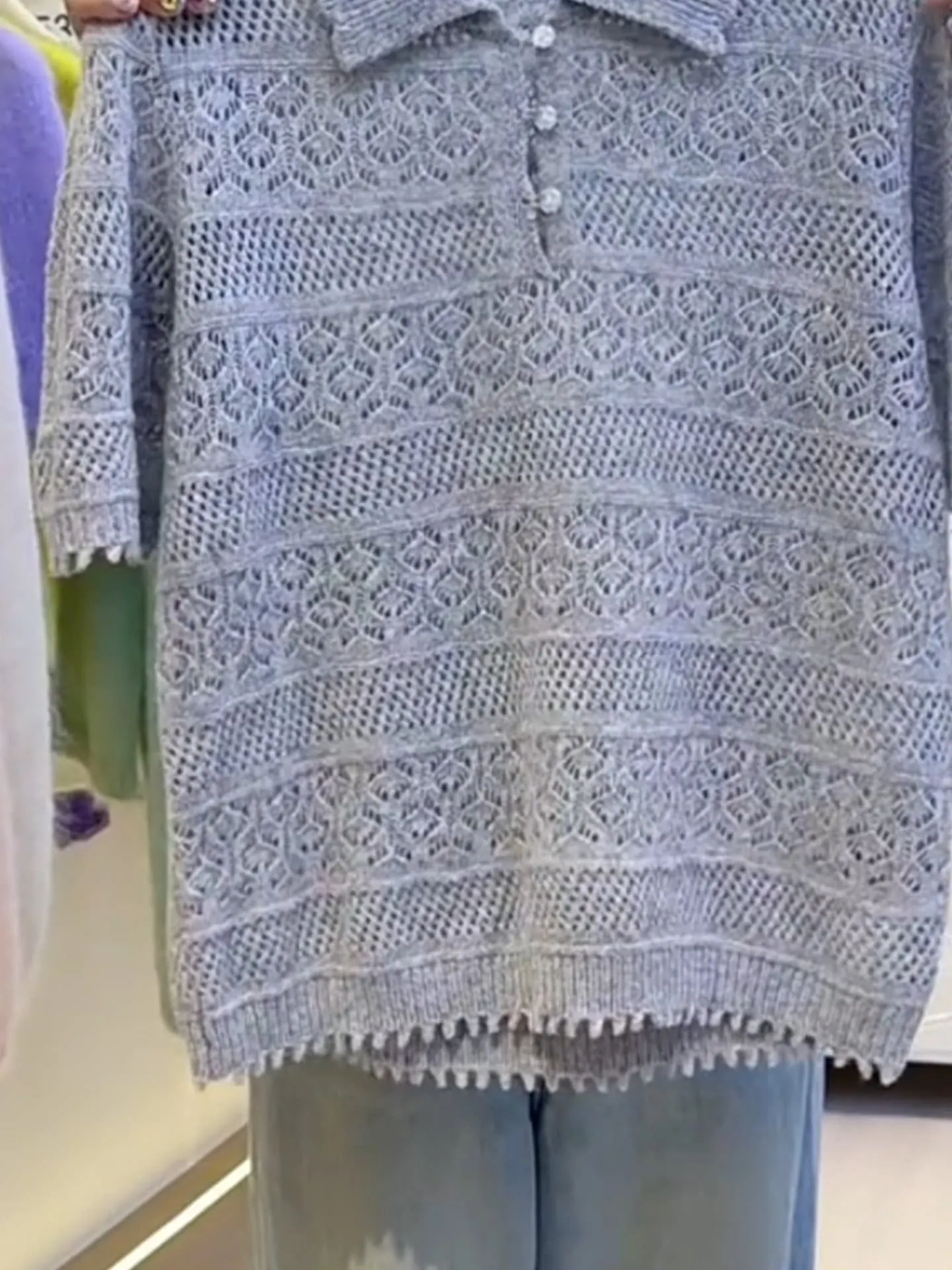 2026 Spring Women's Loose Fit Short Sleeve Knitted Hollow out Soft Style Light Grey Casual Comfortable Breathable Top