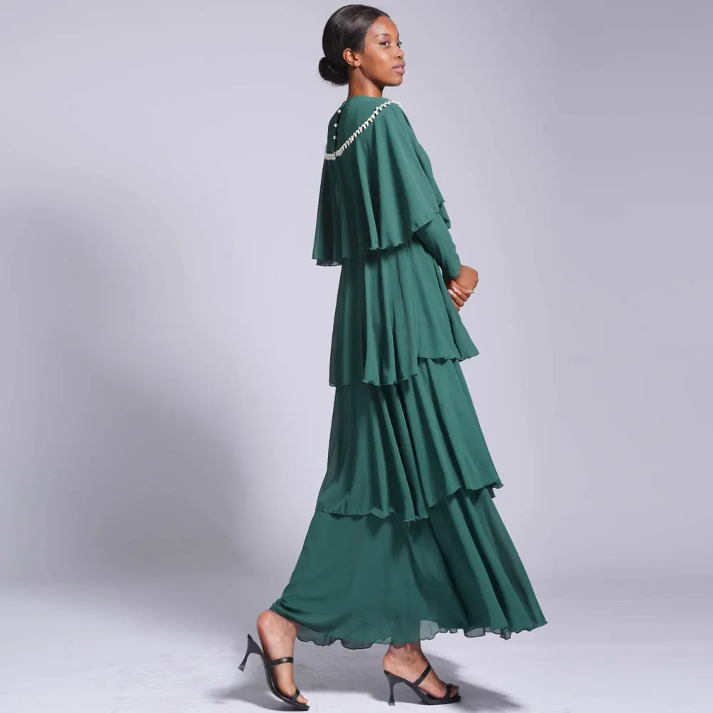 

Eid Djellaba Pearl Beads Abaya Ruffles Layer Cape Cloak Maxi Dress Women Muslim Evening Gown Islam Clothing Dubai Turkey Kaftan