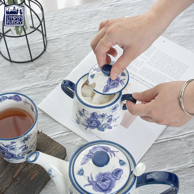 LondonPottery Blue Rose Range Afternoon Tea Set Ceramic Coffee Cup Saucer Sugar Jar Creamer Teapot with Infuser Mug Cake Stand