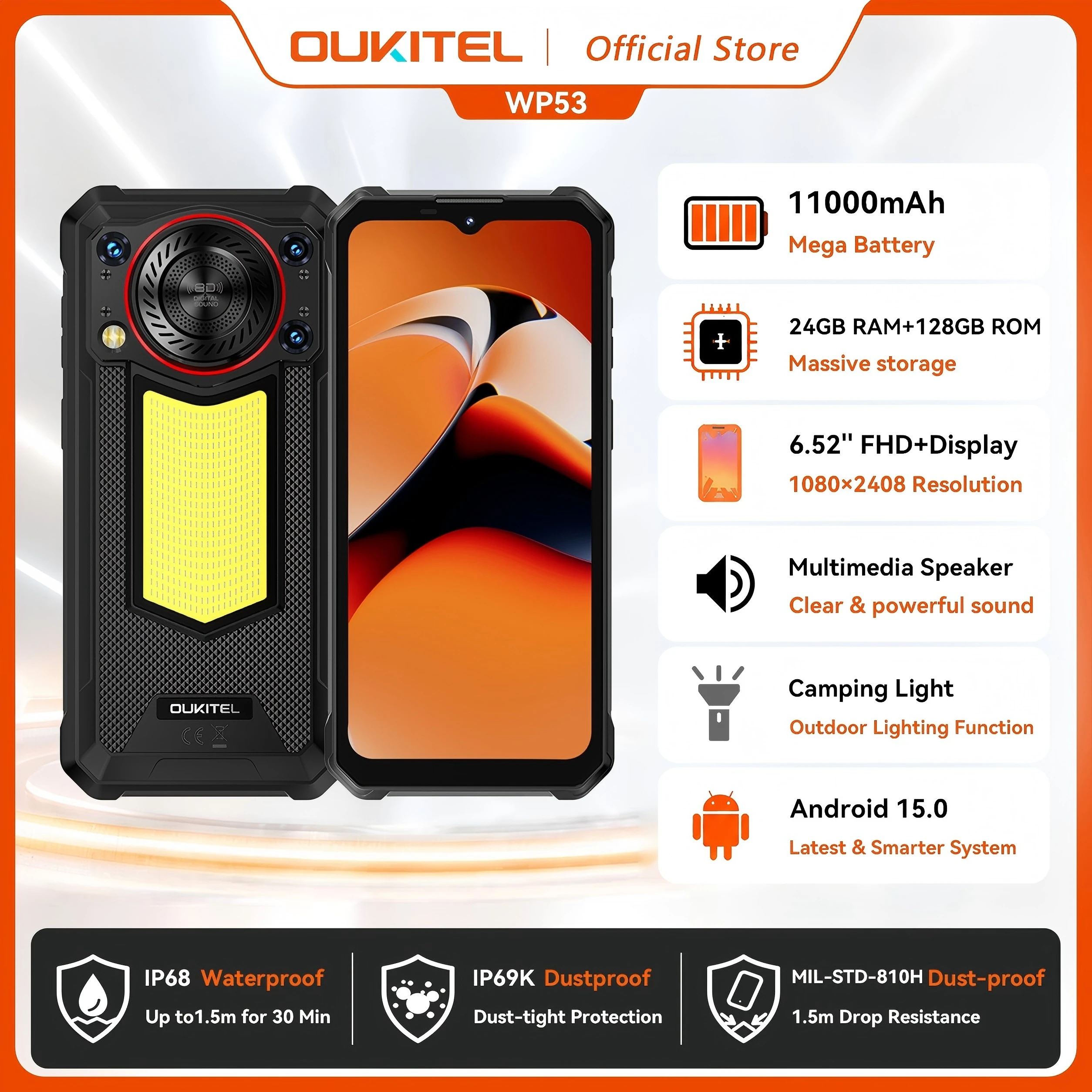 OUKITEL WP53 Rugged Phone, 24GB+128GB 11000mAh Android 15 6.52