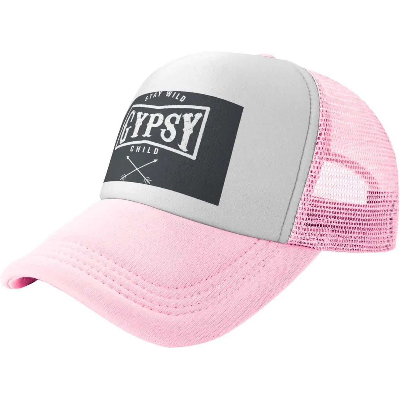 Gypsy Child Stay Wild Boho Mesh Trucker Hat Pink White Adjustable Unisex Casual Cap