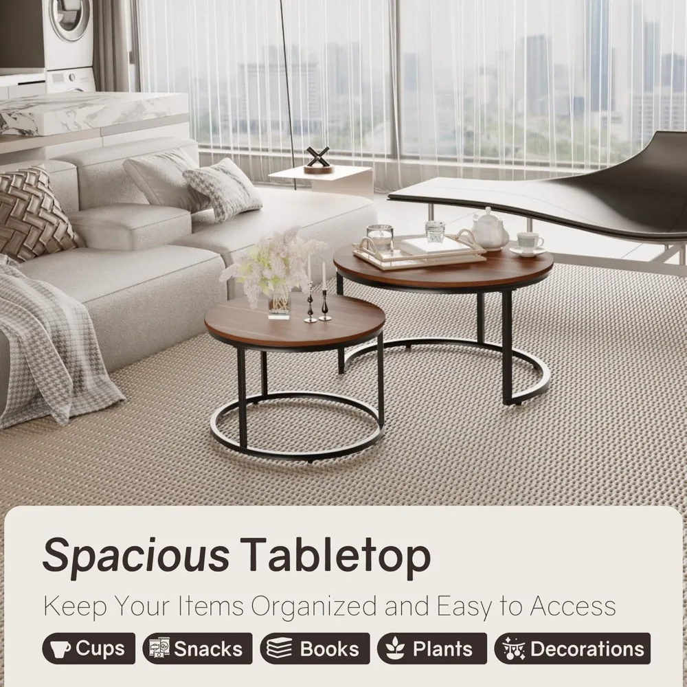 مجموعة طاولات متداخلة مكونة من 2، طاولة قهوة مستديرة 31.5، طاولة قهوة صغيرة متداخلة مع رسوم قابلة للتعديل غير قابلة للانزلاق، سطح من الخشب المحبب